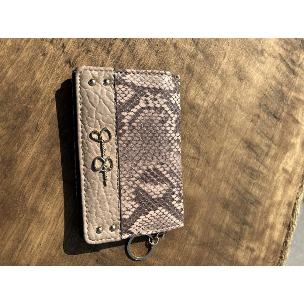 Jessica Simpson Snakeskin Print Snap Wallet Card Holder Key Ring Pink Beig